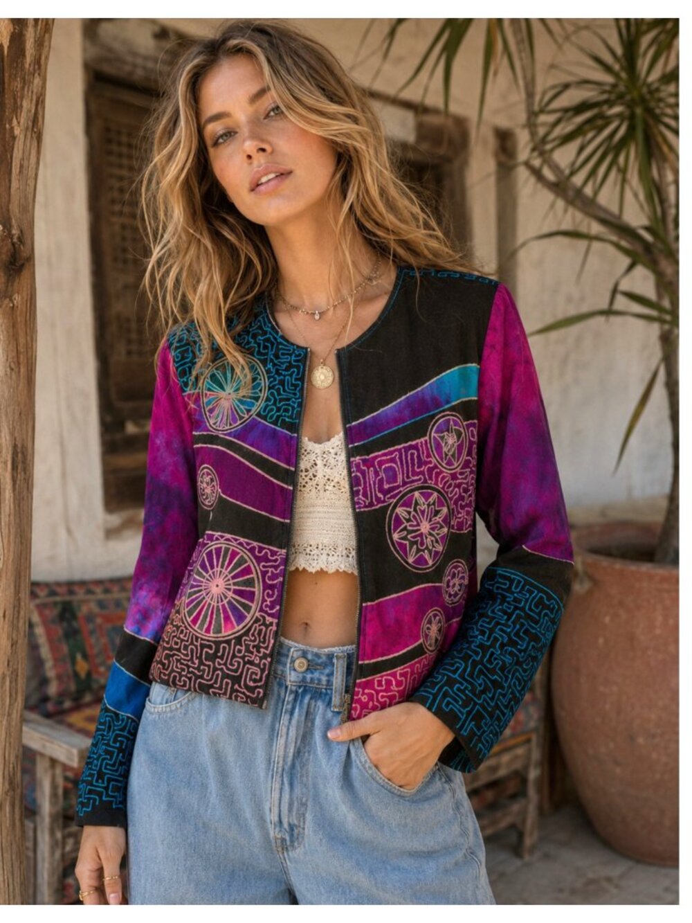 Sandy Starkman VTG Silk Wearable Art Wear Patchwork Embroidered Boho Jacket L